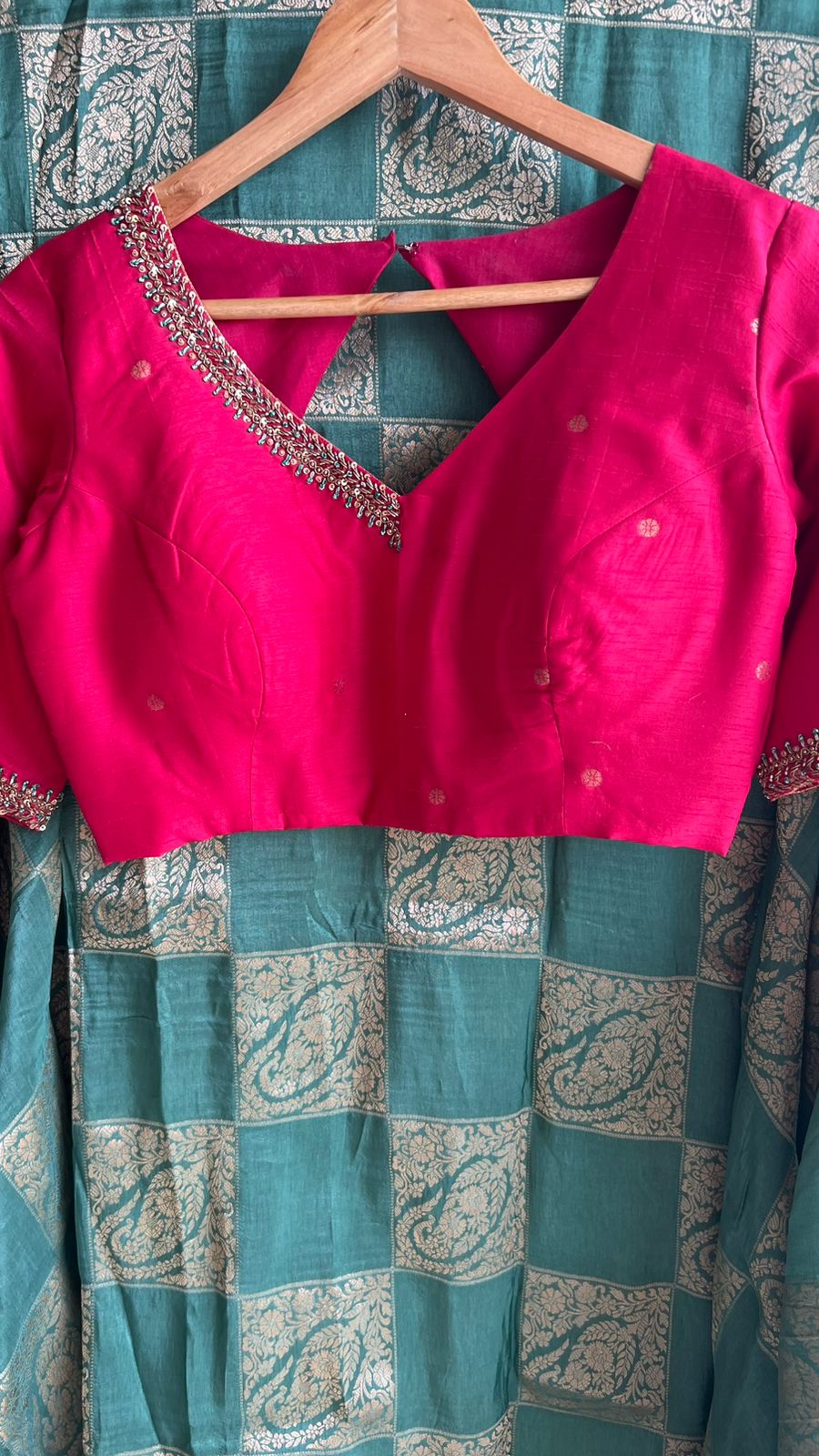 Pistachio green saree with pink handwork blouse