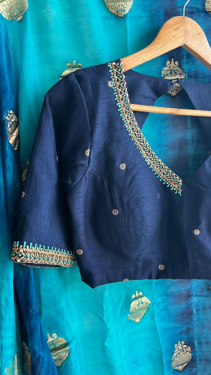 Blue silk saree with banarasi handwork blouse
