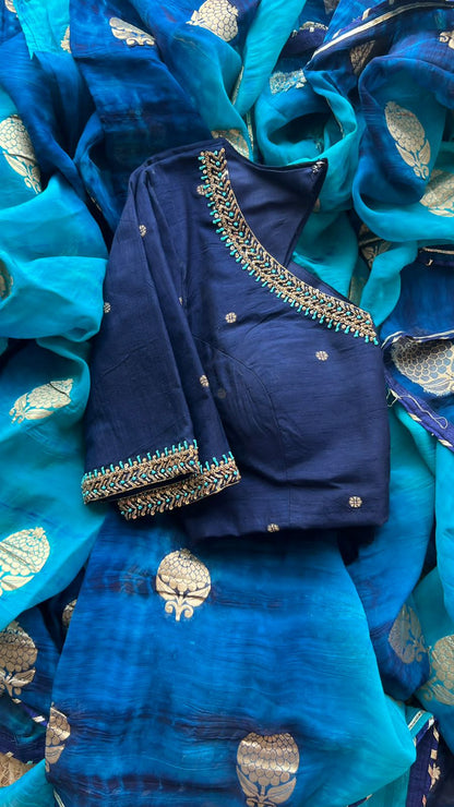 Blue silk saree with banarasi handwork blouse