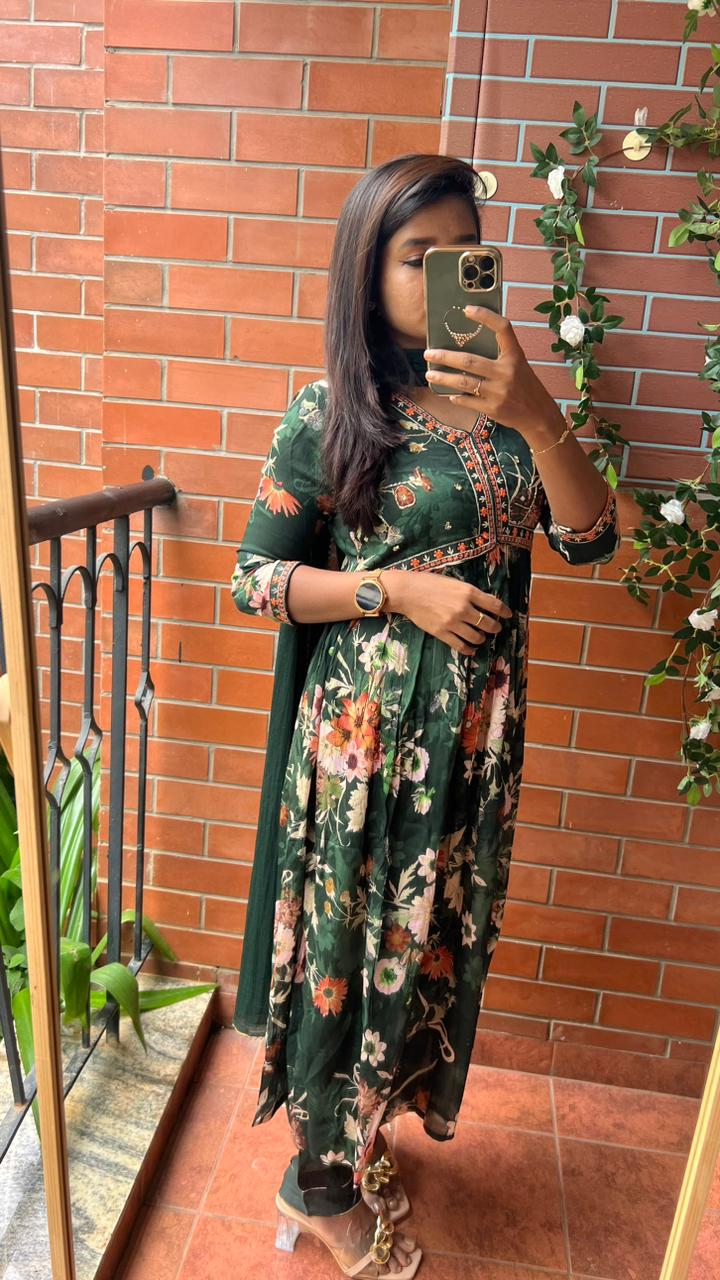 Green chiffon floral printed 3 piece kurti suit