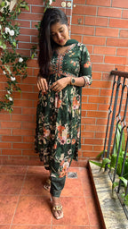Green chiffon floral printed 3 piece kurti suit