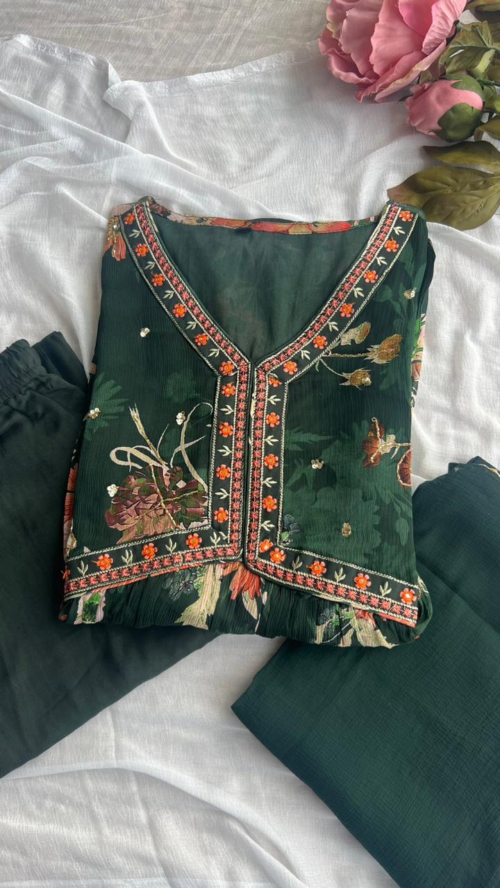Green chiffon floral printed 3 piece kurti suit