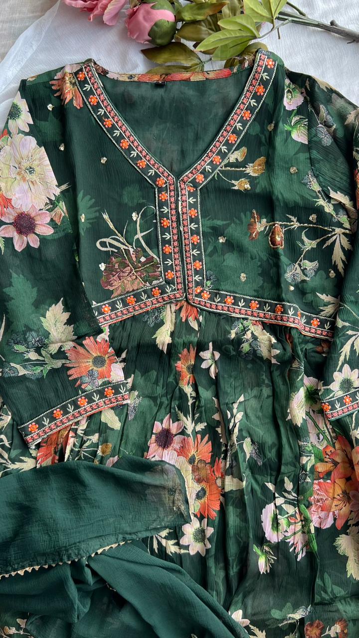 Green chiffon floral printed 3 piece kurti suit