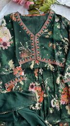Green chiffon floral printed 3 piece kurti suit