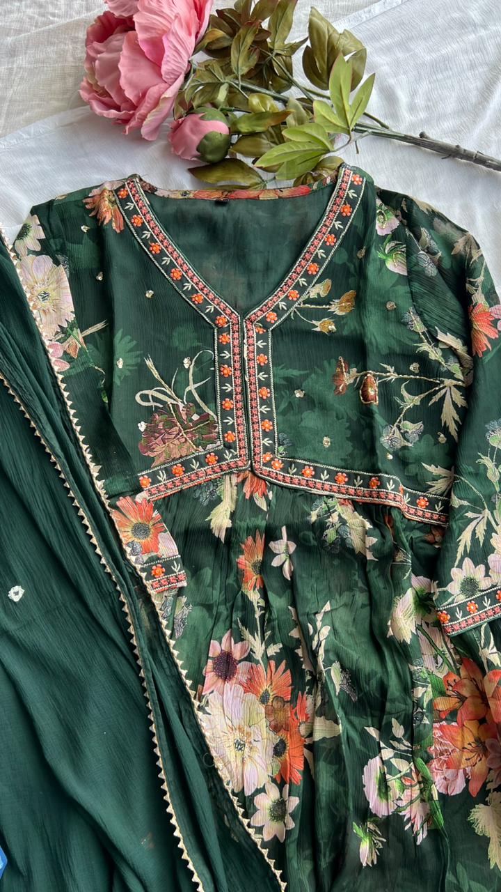 Green chiffon floral printed 3 piece kurti suit