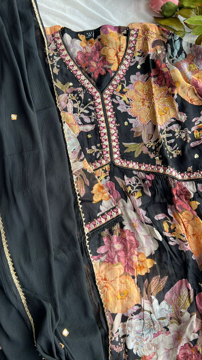 Black chiffon floral printed 3 piece kurti suit