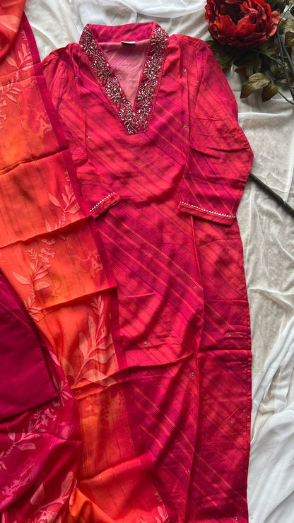 Reddish pink muslin 3 piece kurti suit