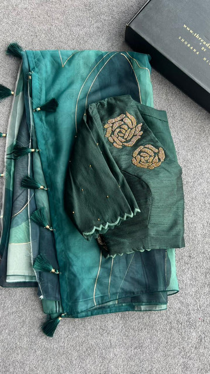 Soft green organza saree with handwork blouse