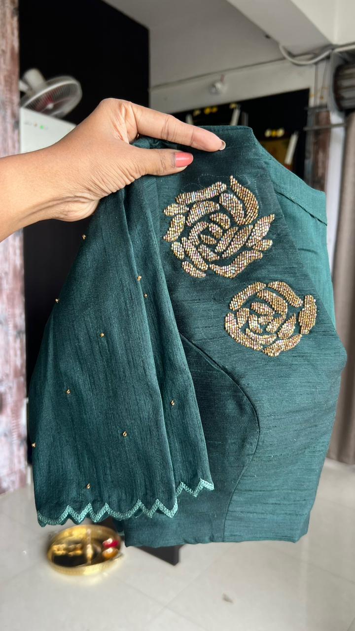 Bottle green  handwork blouse