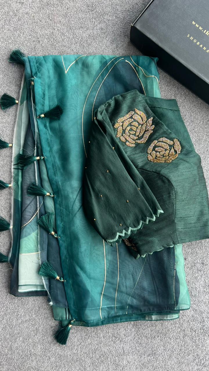 Bottle green  handwork blouse