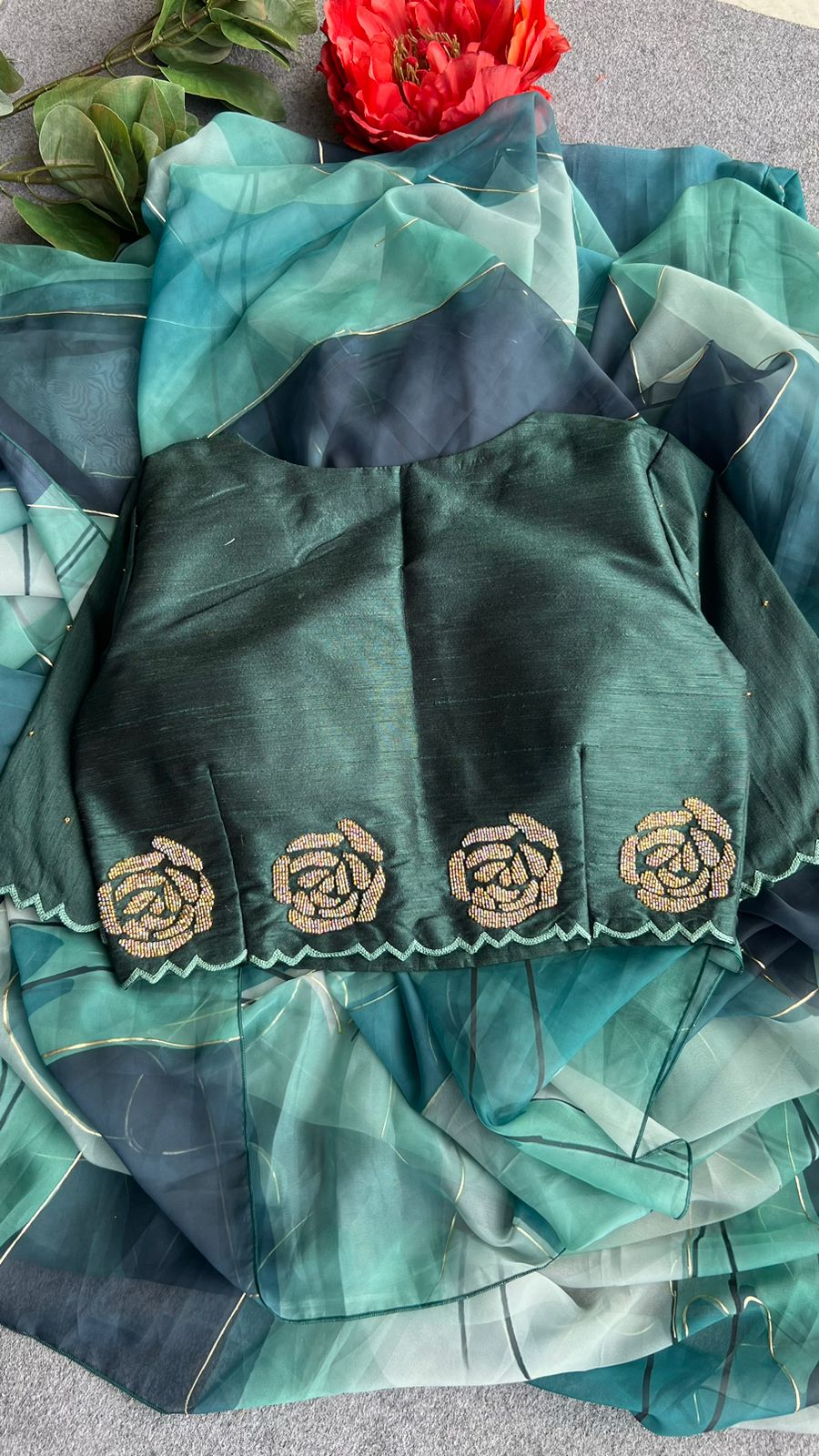Bottle green  handwork blouse