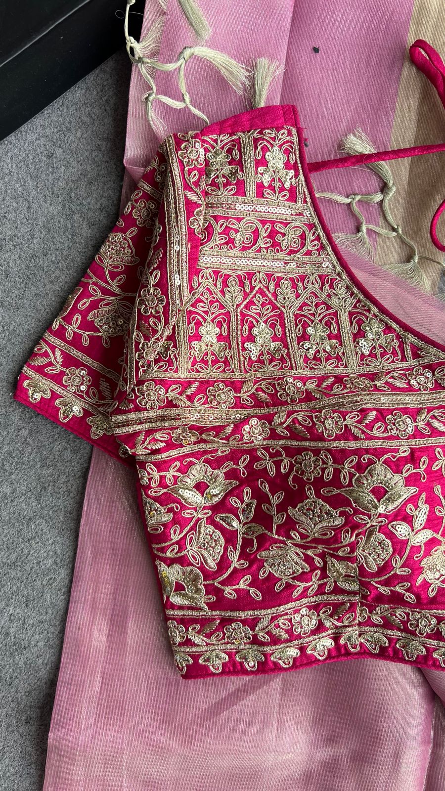 Pink chanderi saree with embroidery blouse