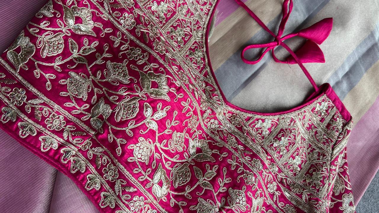Pink chanderi saree with embroidery blouse