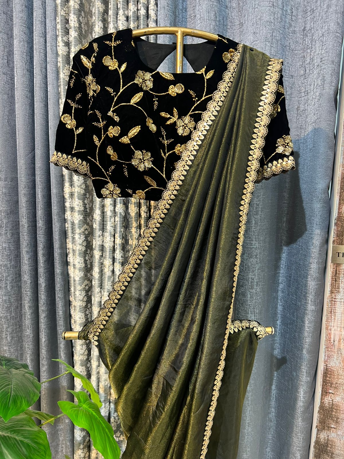 Black & Gold gajji saree with black velvet blouse