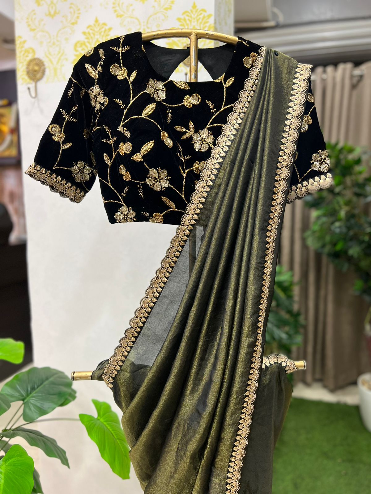 Black & Gold gajji saree with black velvet blouse