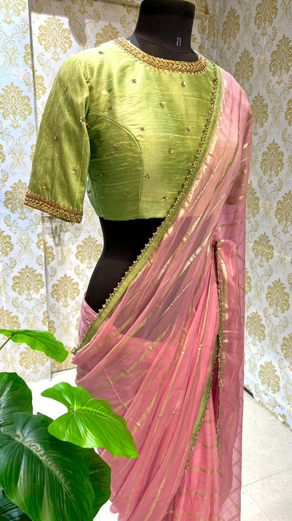Pink georgette saree with pista handwork blouse
