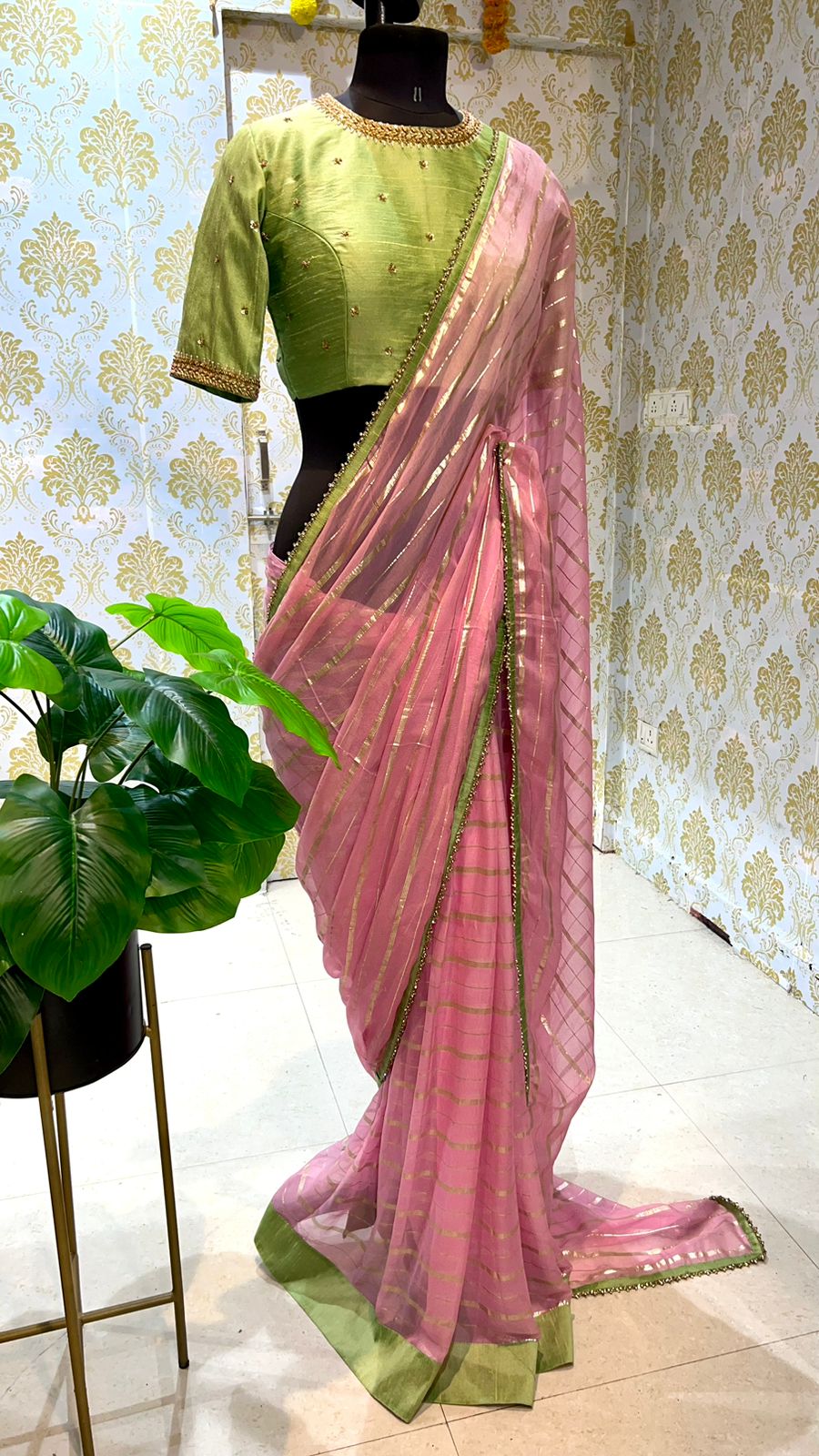 Pista green silk handwork blouse