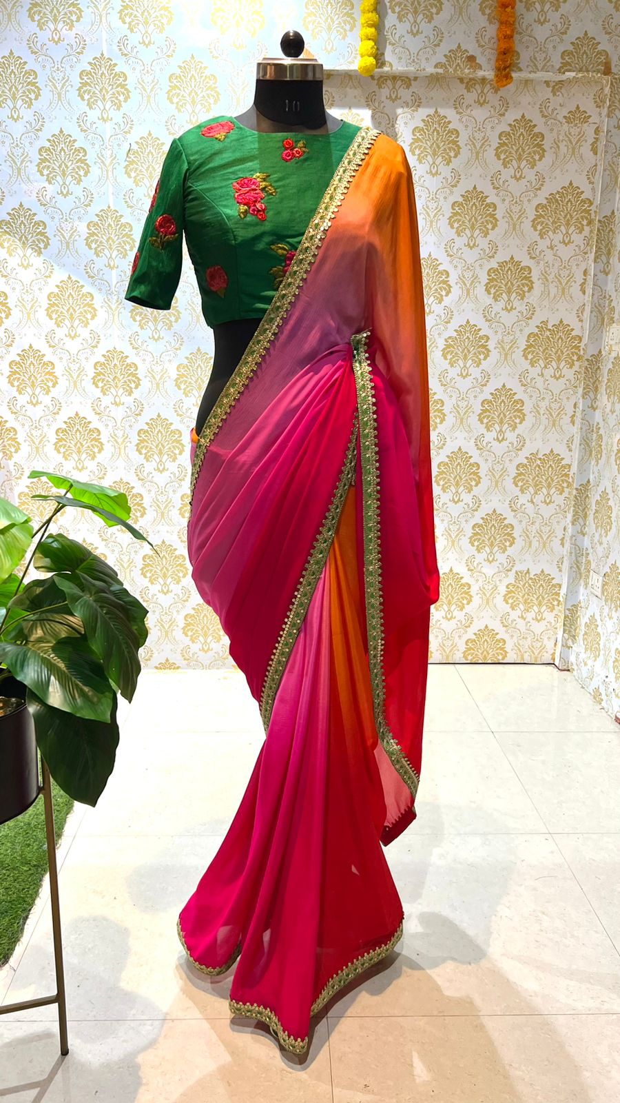 Multi chiffon designer saree with green handwork blouse