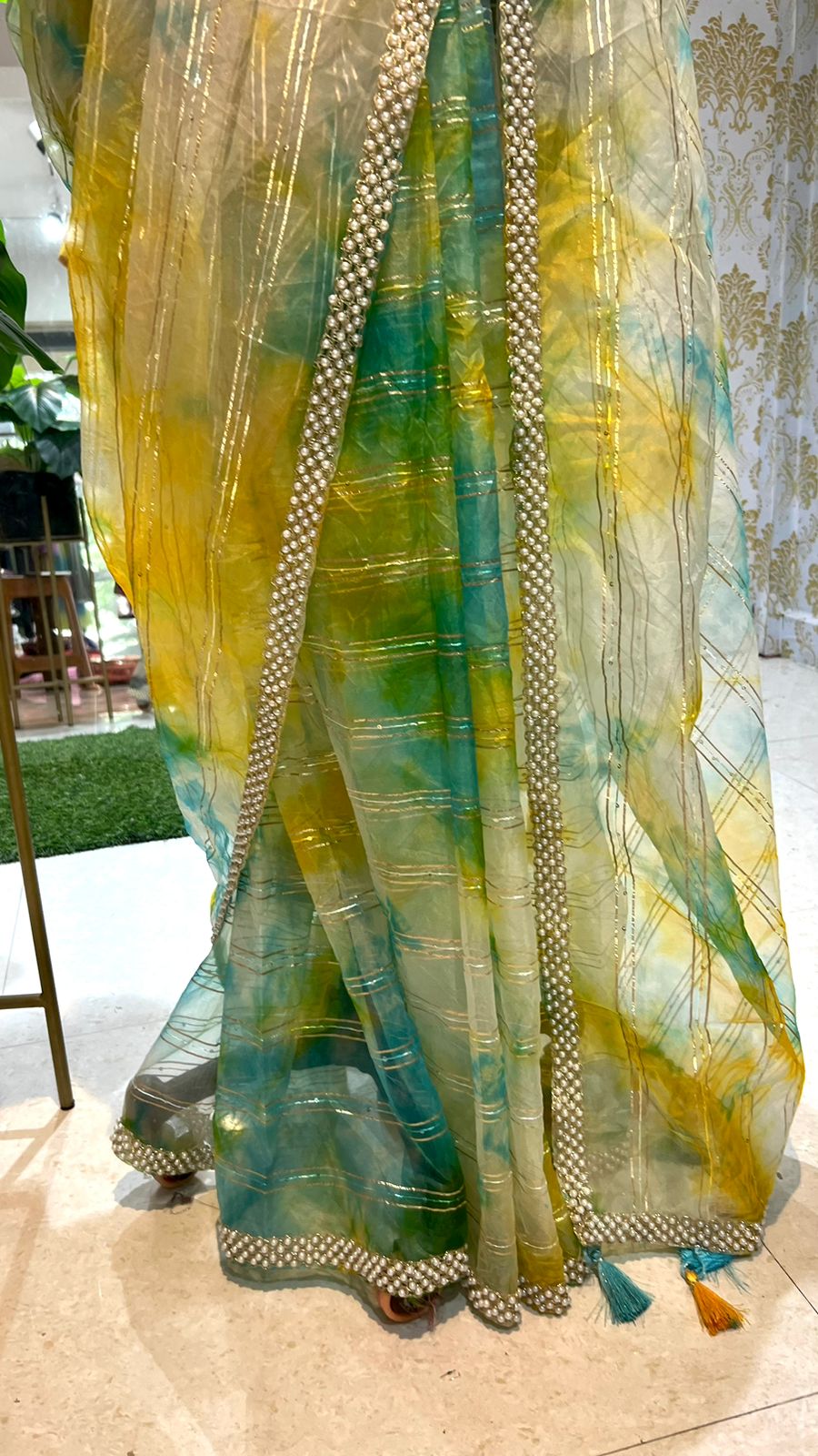 Multi organza stripped saree with yellow handwork blouse