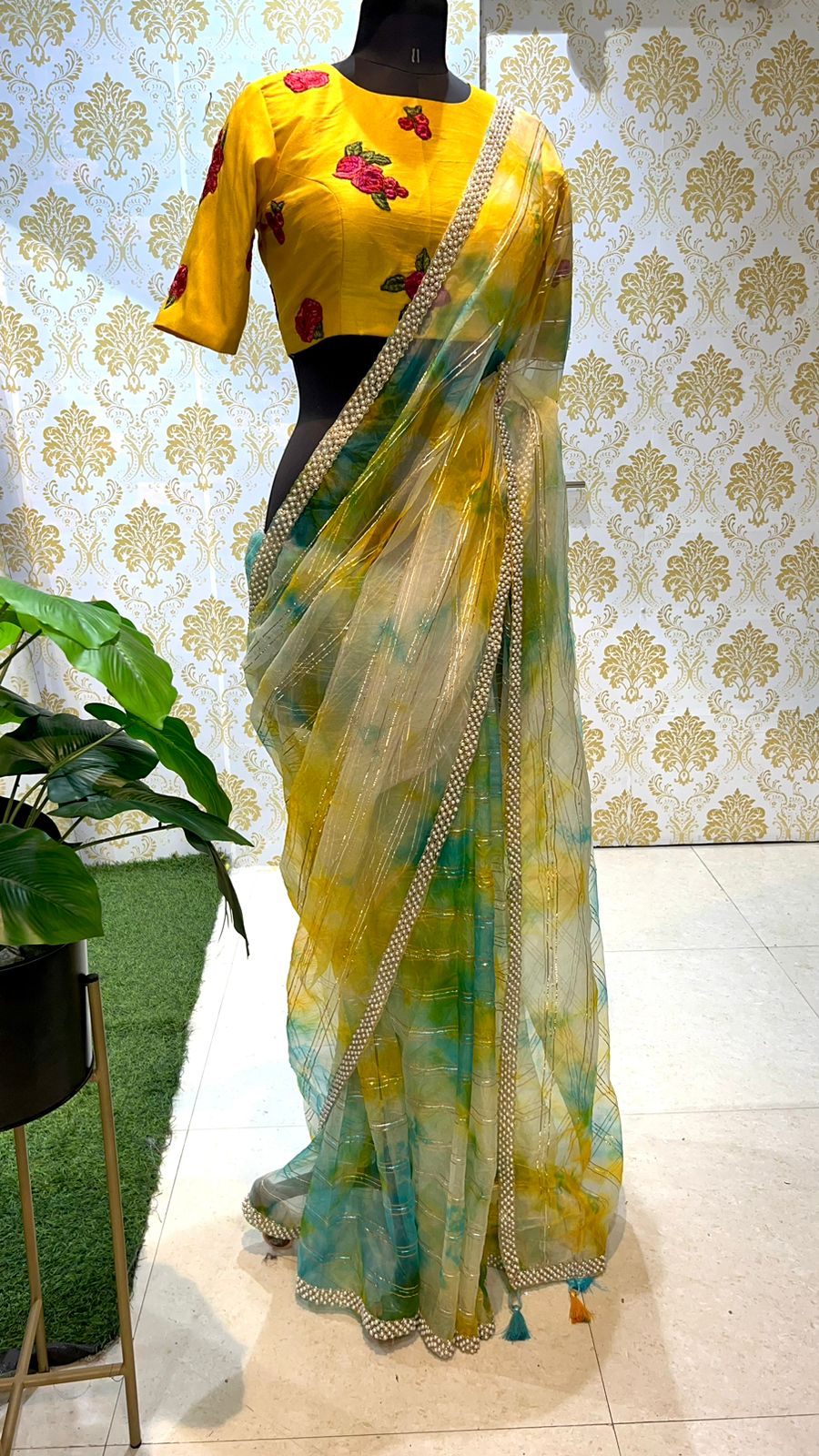 Multi organza stripped saree with yellow handwork blouse