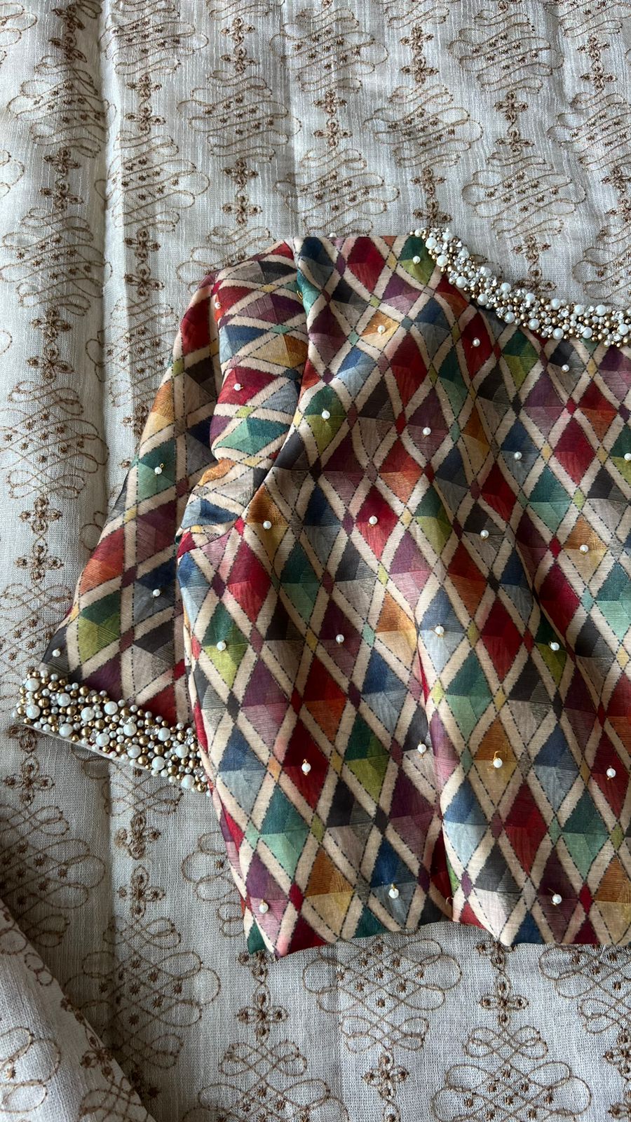 Cream chanderi saree with multi handwork blouse