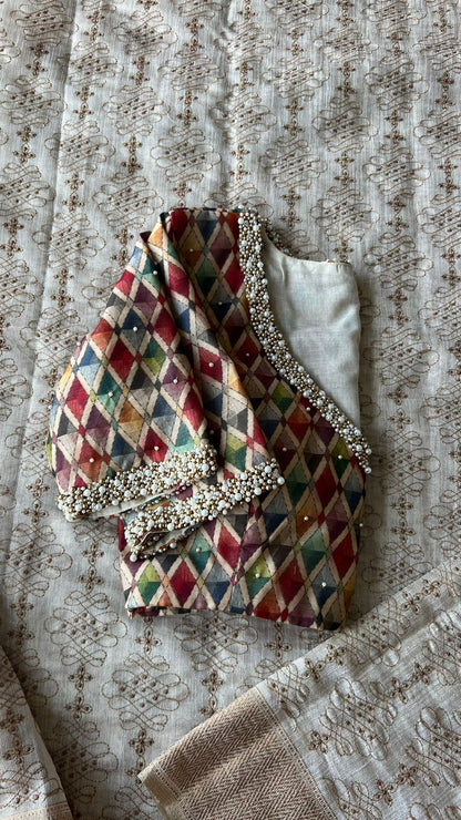 Cream chanderi saree with multi handwork blouse