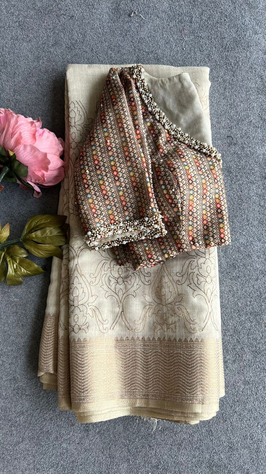 Cream chanderi embroidery saree with multi handwork blouse