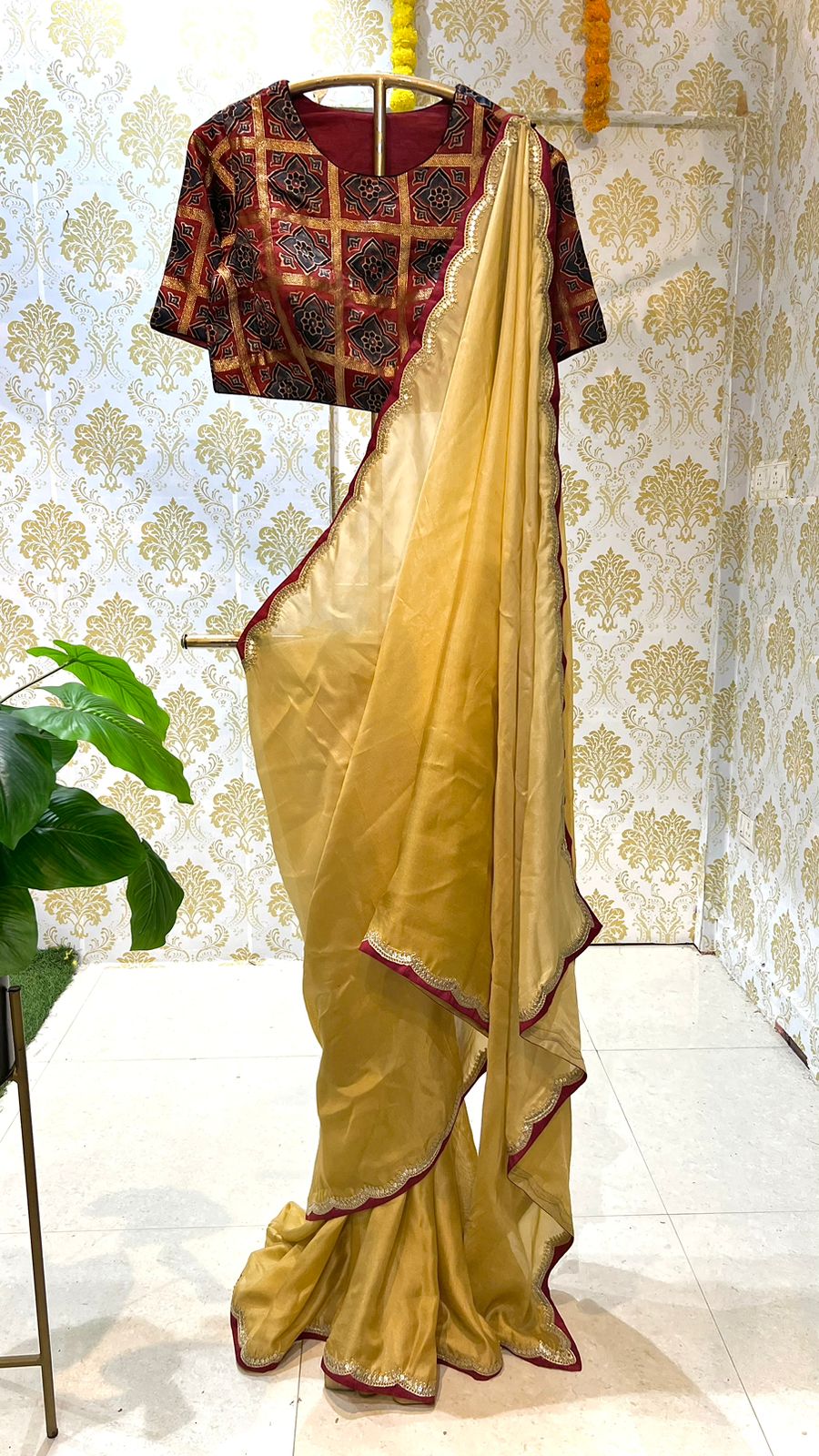 Ombre gold saree with ajrak embroidery blouse