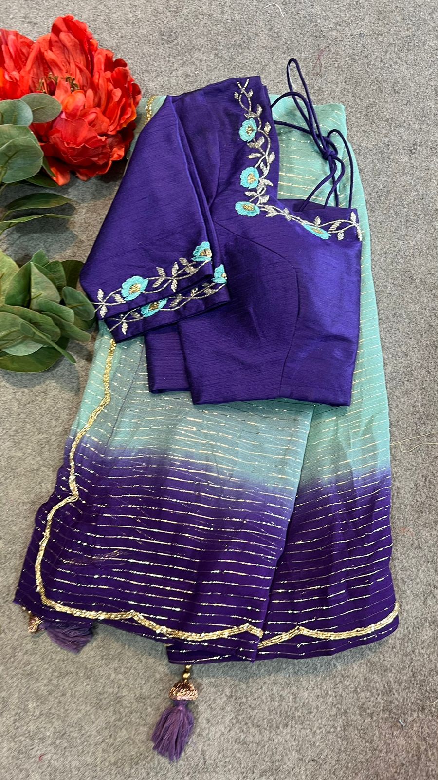 Ombre blue chiffon saree with hand work blouse