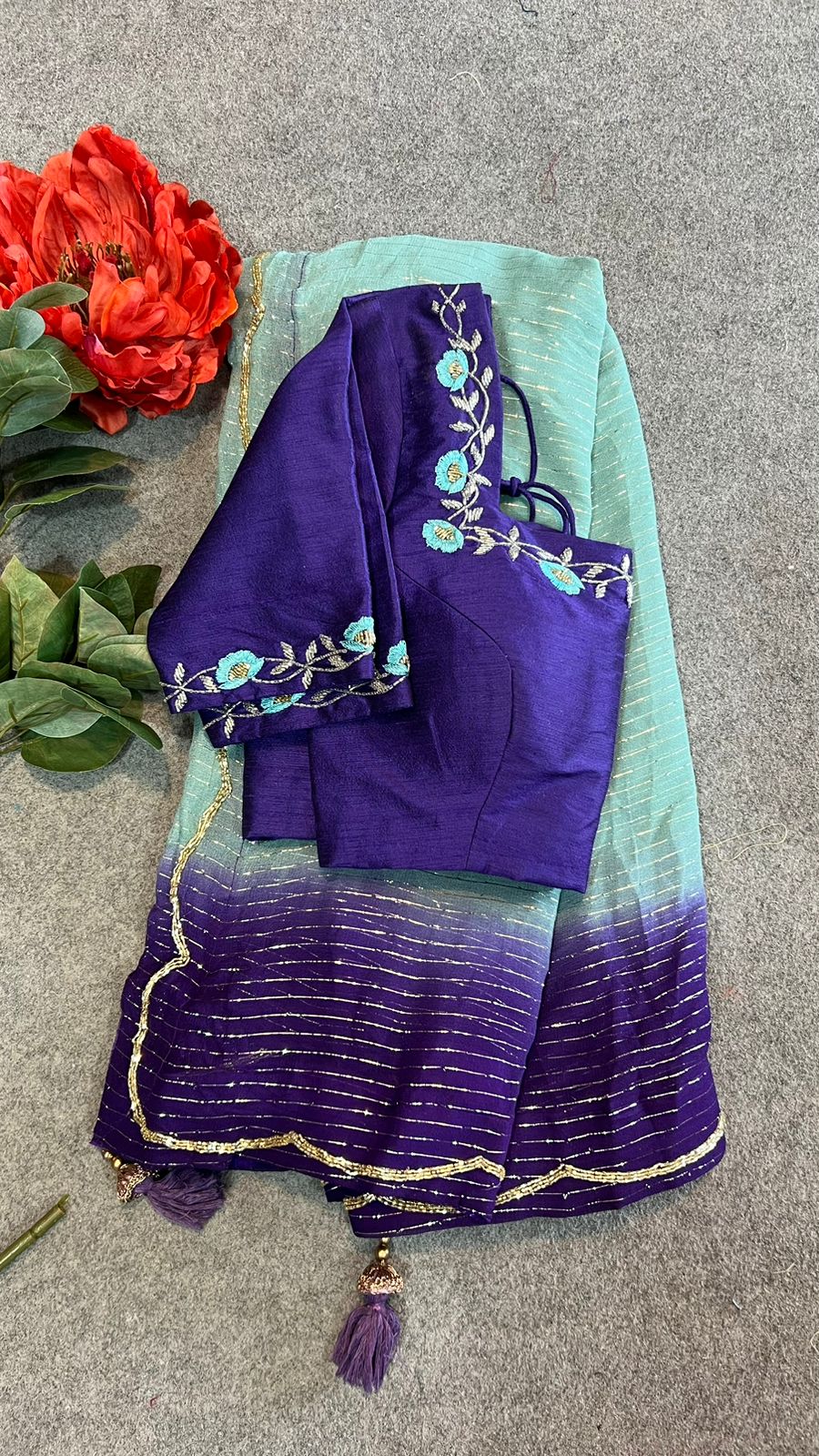 Ombre blue chiffon saree with hand work blouse
