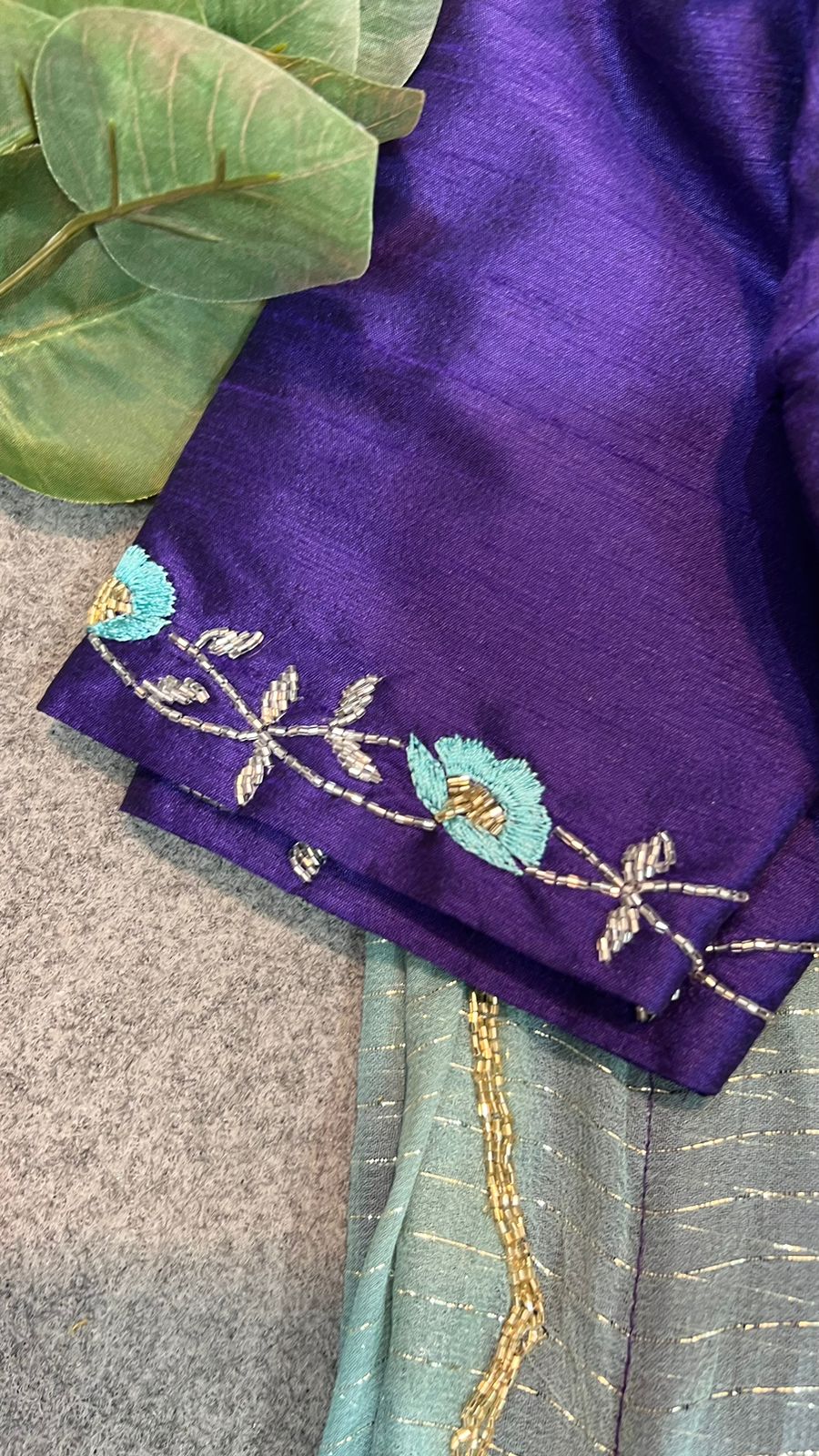 Ombre blue chiffon saree with hand work blouse