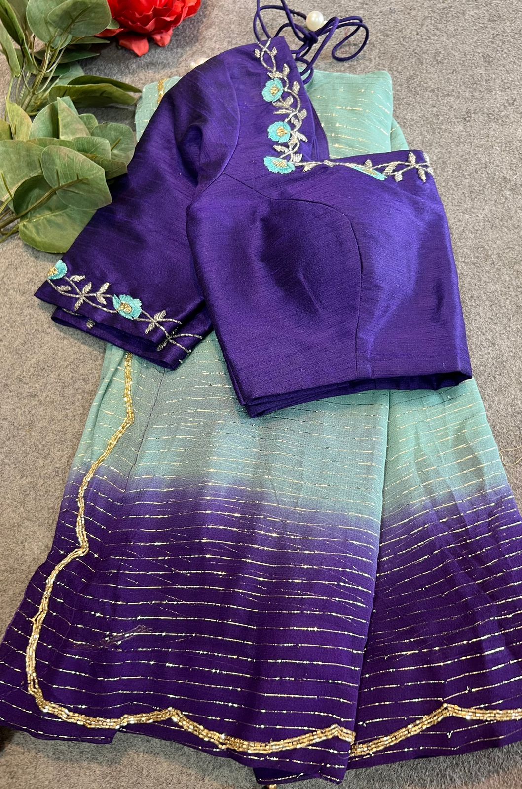 Ombre blue chiffon saree with hand work blouse