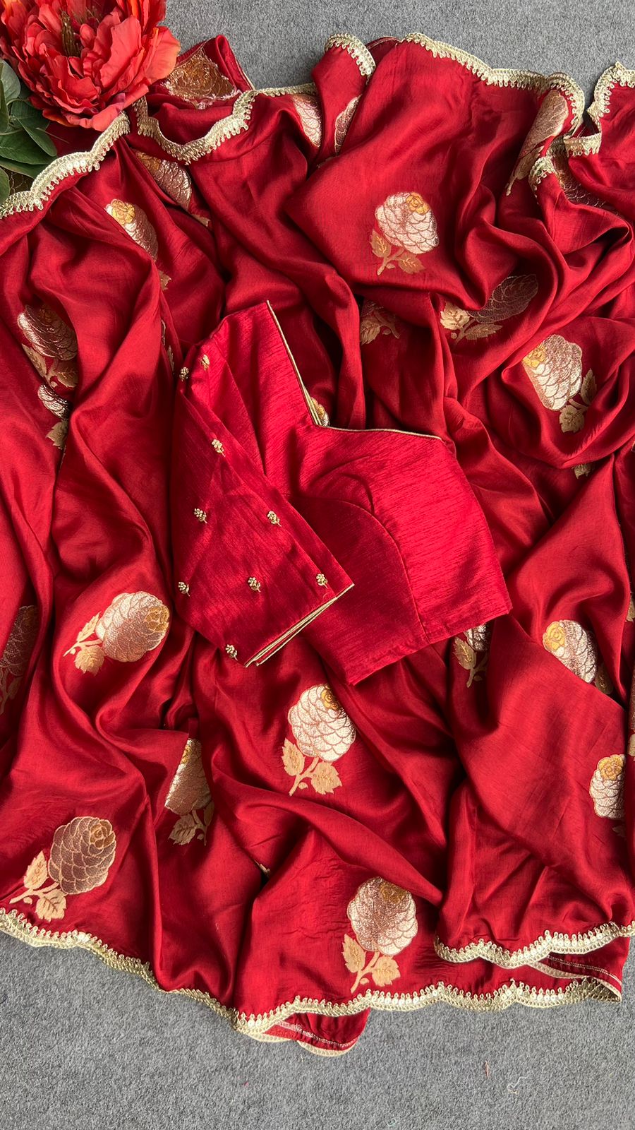 Reddish maroon saree with hand work blouse