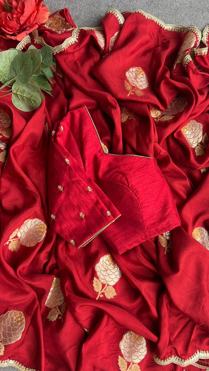 Reddish maroon saree with hand work blouse