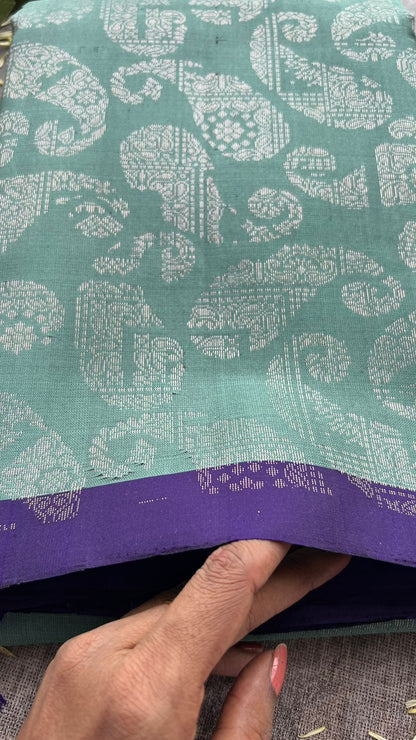 Tiffany blue kanjivaram soft silk saree with blouse