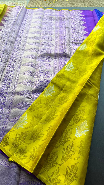 Fenugreek yellow kanjivaram silk saree with blouse