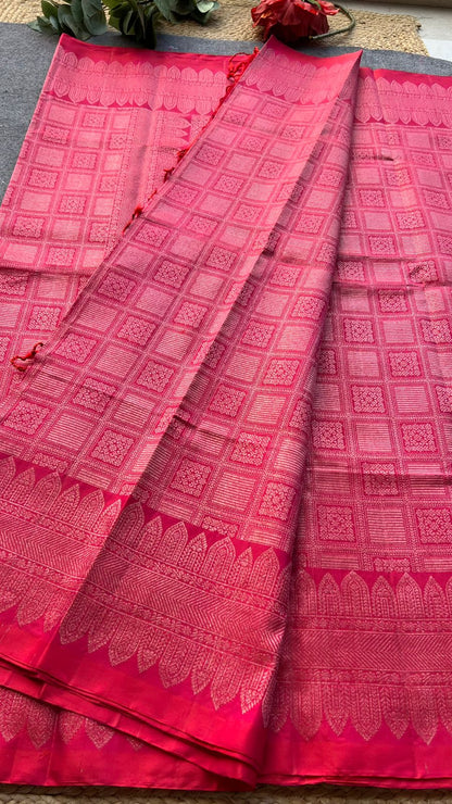 Orange reddish kanjivaram silk saree with blouse