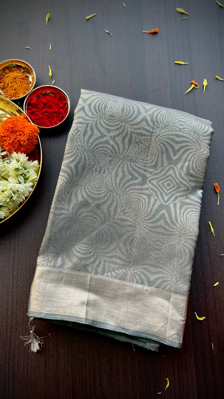 Grey silver kanjivaram silk saree with blouse
