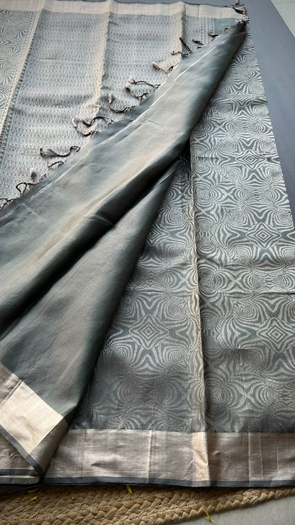 Grey silver kanjivaram silk saree with blouse