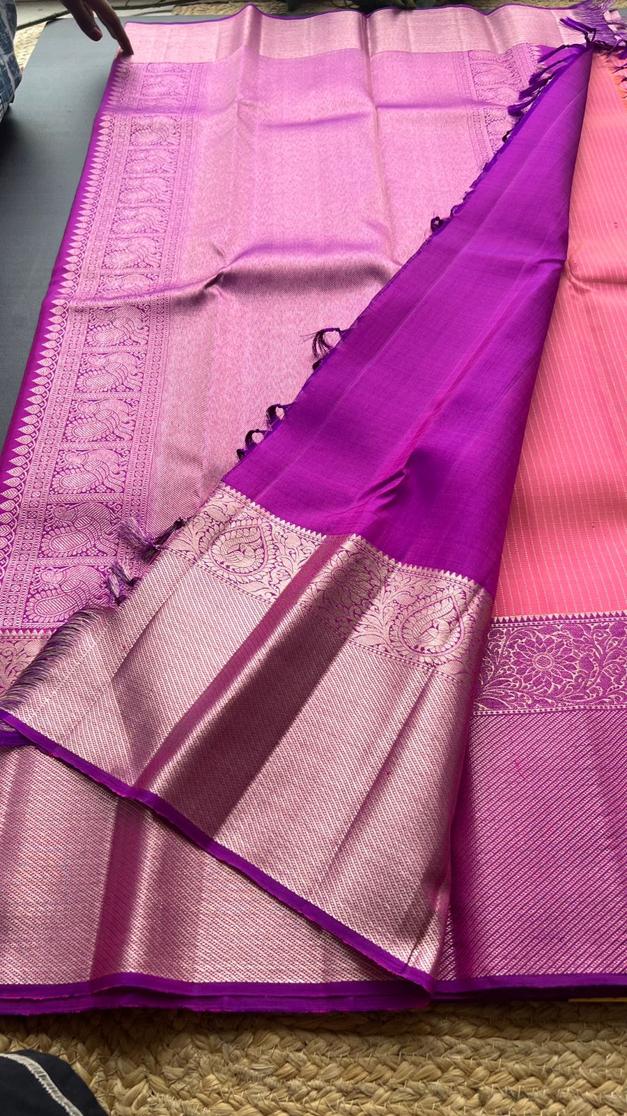 Pinkish orange kanjivaram silk saree with blouse
