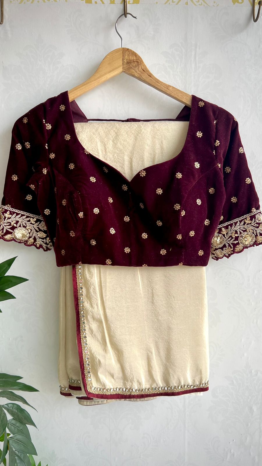 Gold tissue saree with velvet embroidery blouse