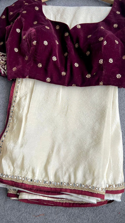 Gold tissue saree with velvet embroidery blouse