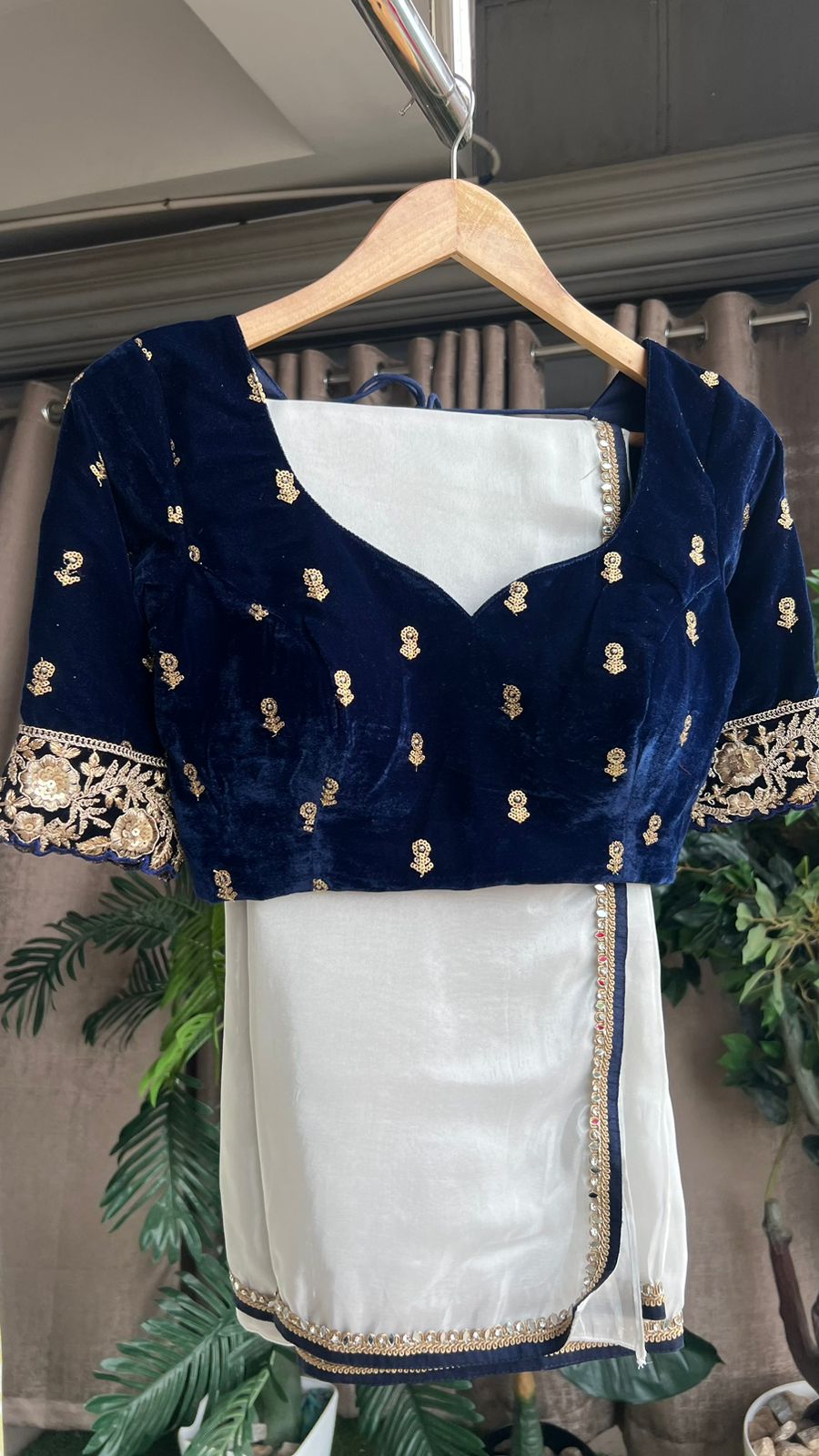 Silver tissue saree with velvet embroidery blouse