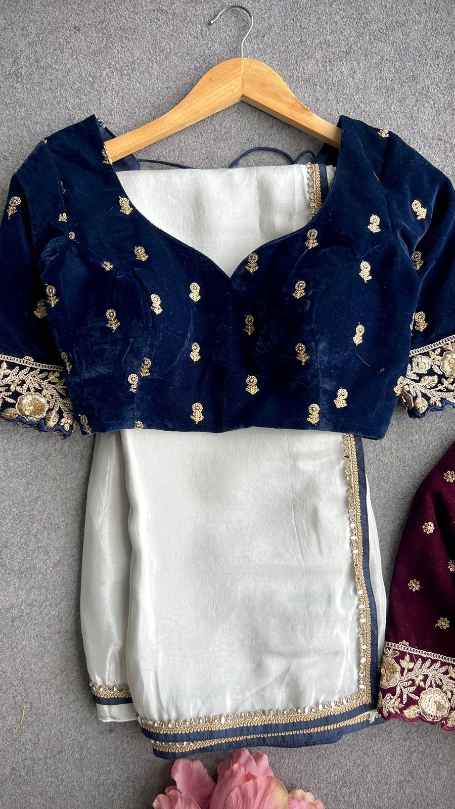 Silver tissue saree with velvet embroidery blouse