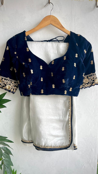 Silver tissue saree with velvet embroidery blouse