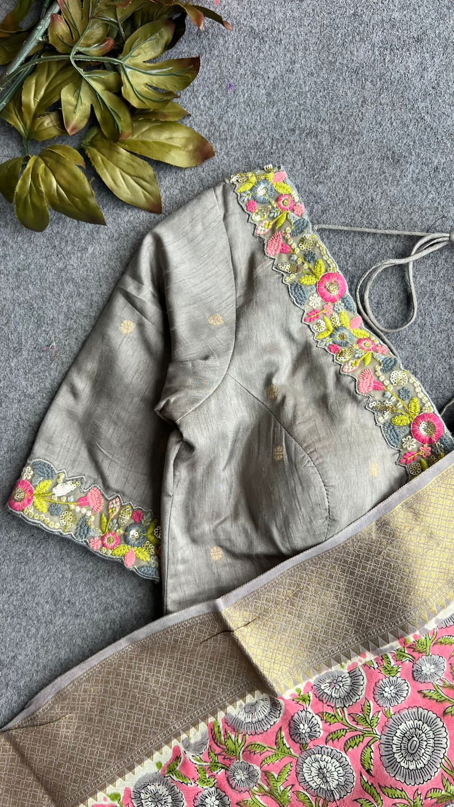 Pink grey chanderi saree with grey hand made blouse