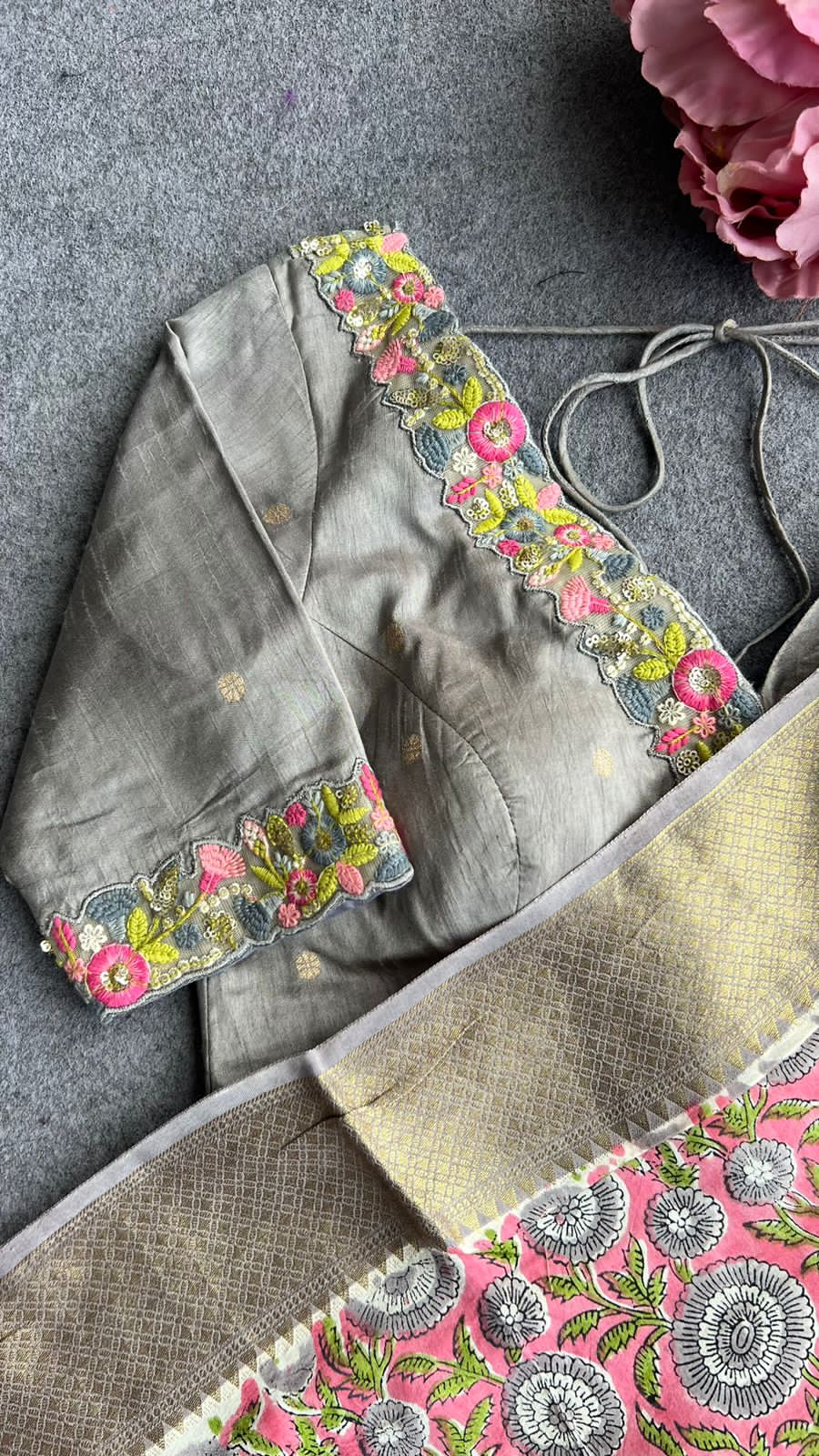 Pink grey chanderi saree with grey hand made blouse