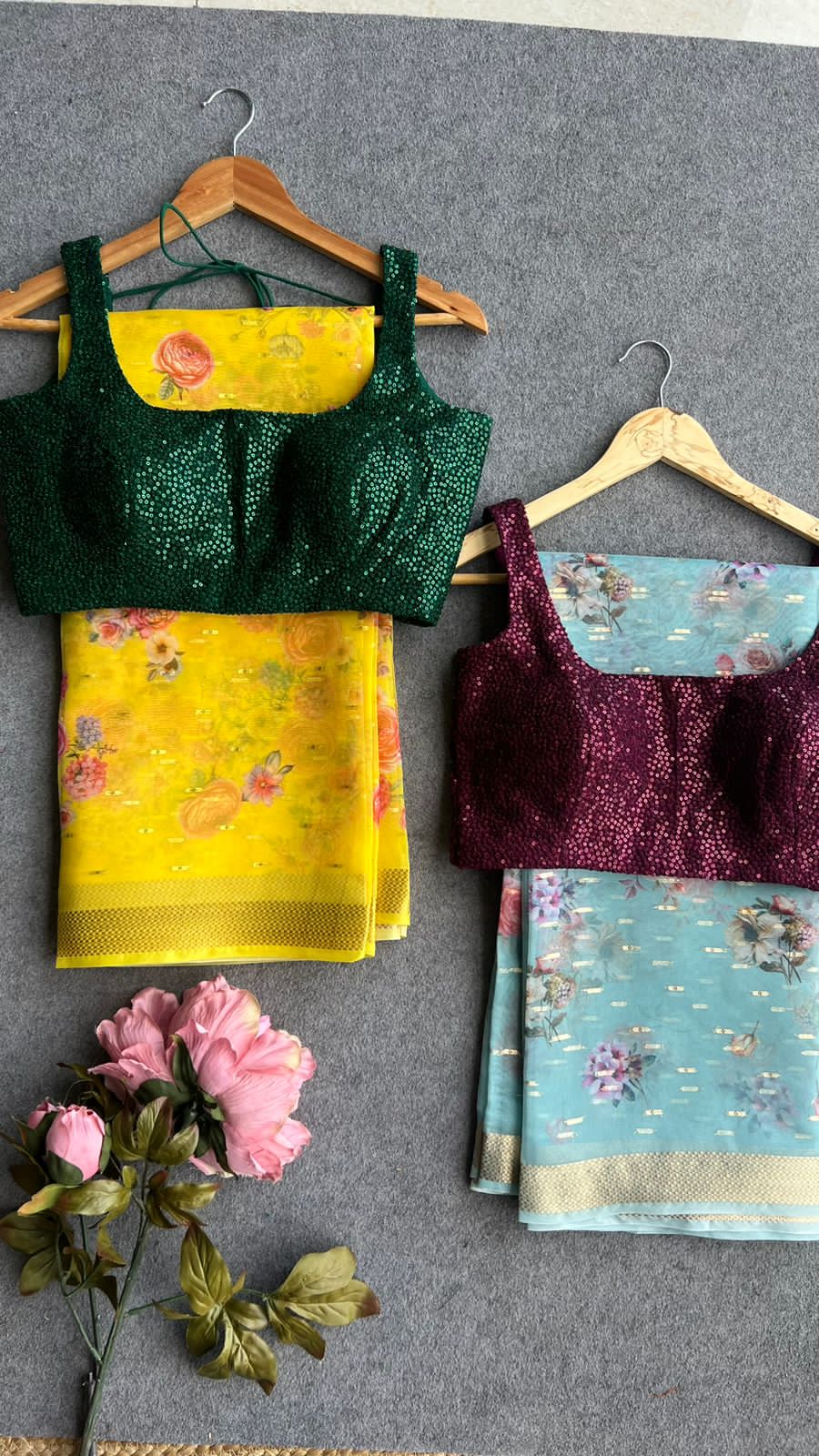Yellow organza saree with green sequins blouse