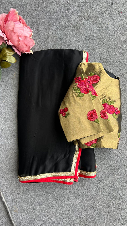 Black jute saree with gold embroidery blouse