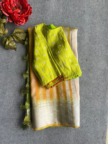 Multi tissue silk saree with green embroidery blouse